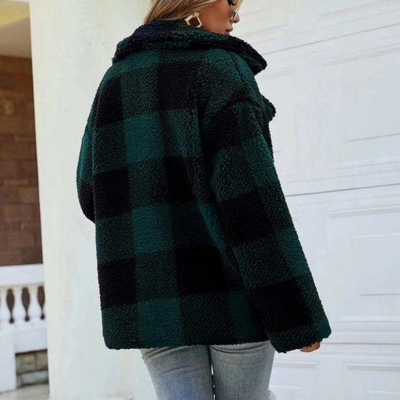 Black And Green checkered Preppy Womens faux fur Teddy Coat - Picture 3 of 4